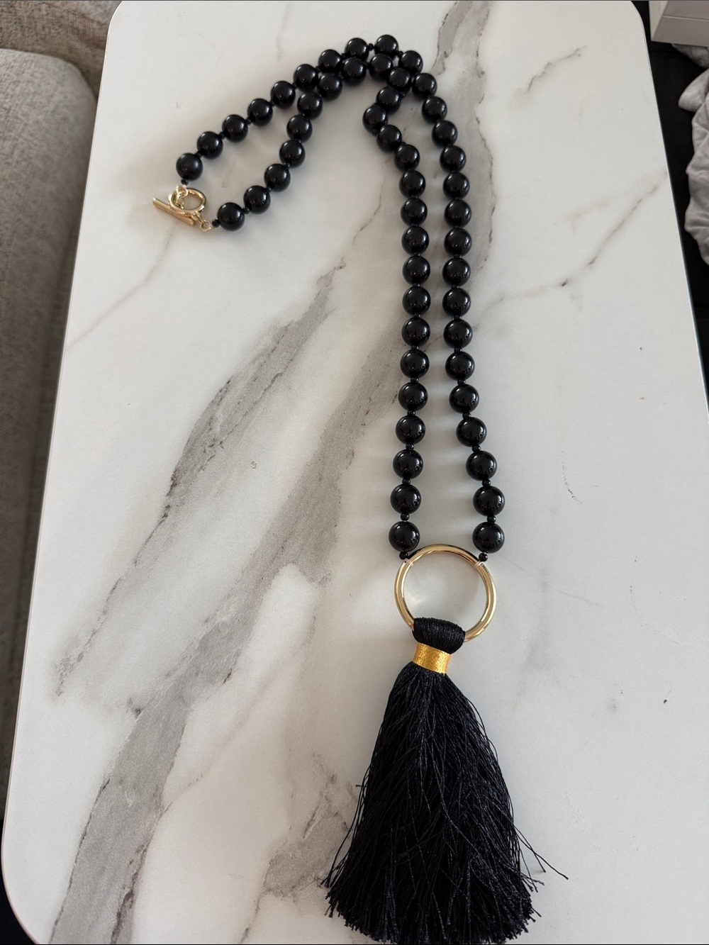Gold Accent Black Beaded Tassel Necklace - Women's Fashion Pendant